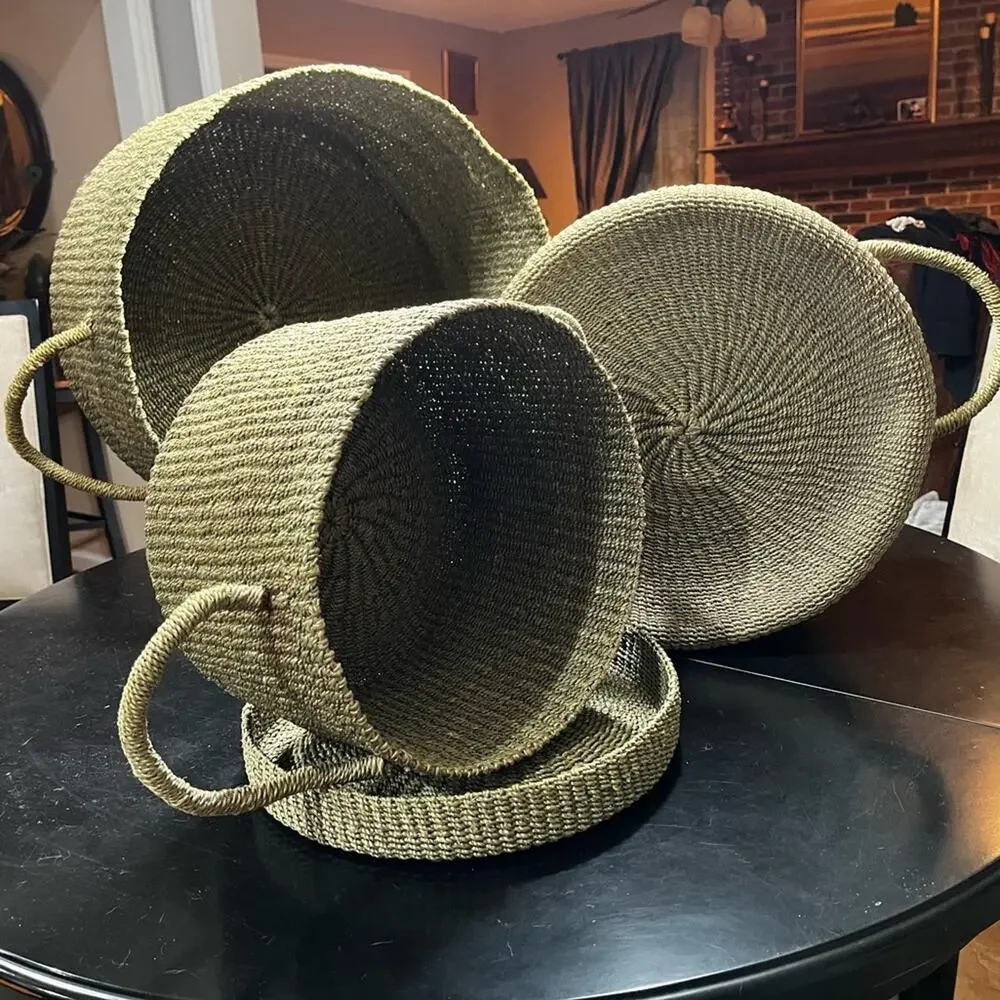 NEW Pottery Barn Round Woven Floor Nesting Storage Baskets Raffia Wicker LG Set